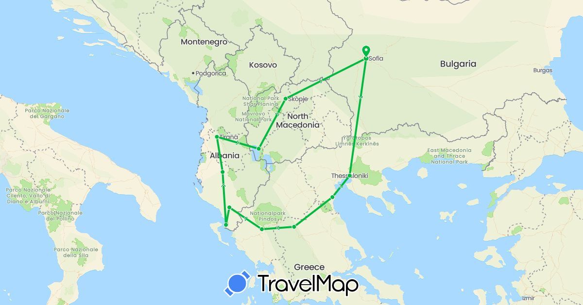 TravelMap itinerary: driving, bus in Albania, Bulgaria, Greece, Macedonia (Europe)